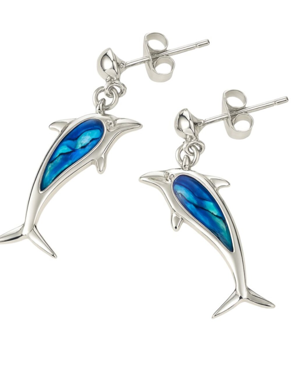 Silver Plated Dolphin Drop Earrings | Blue Abalone Inlay | Pierced Studs - Picture 2 of 9